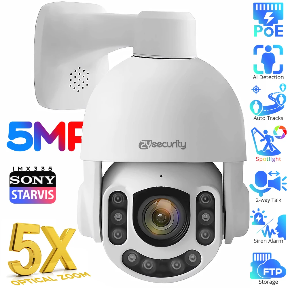 

5MP PTZ 5X Optical Zoom PoE Security Camera Outdoor 2-Way Talk Human/Car Detection Auto Tracking Speed Dome IP Cameras CamHipro