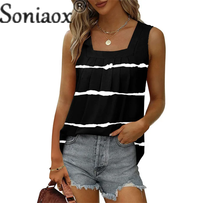 

Fashion Striped Wave Print T-Shirt Women's Pleated Square Neck Sleeveless Tees 2023 Summer Urban Commuter Casual Loose Tops Vest