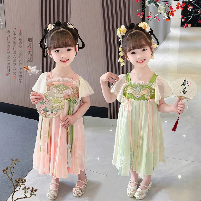 

Ханьфу для девочек, летний костюм, Старинное платье, костюм Тан в китайском стиле, юбка Ru, летняя одежда для девочек