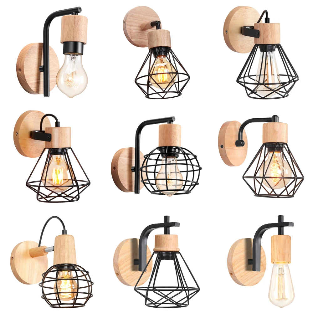 

Modern Indoor Lighting Wall Lights Loft American Iron Wood Wall Lamps Lampshade Vintage Cage Guard Sconce Loft Lighting Fixture