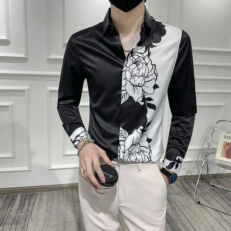 

Рубашка мужская с графическим принтом, белая сорочка с цветочным принтом, приталенный силуэт, популярная одежда в Корейском стиле, элегантный повседневный дизайнерский воротник