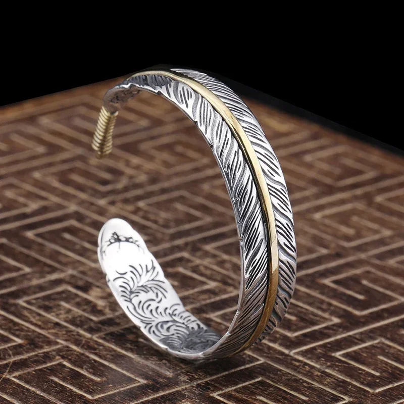 

Original Design S925 Sterling Silver Tang Grass Pattern Feather Bracelet Men's Vintage Thai Silver Fashion Handwear Wholesale