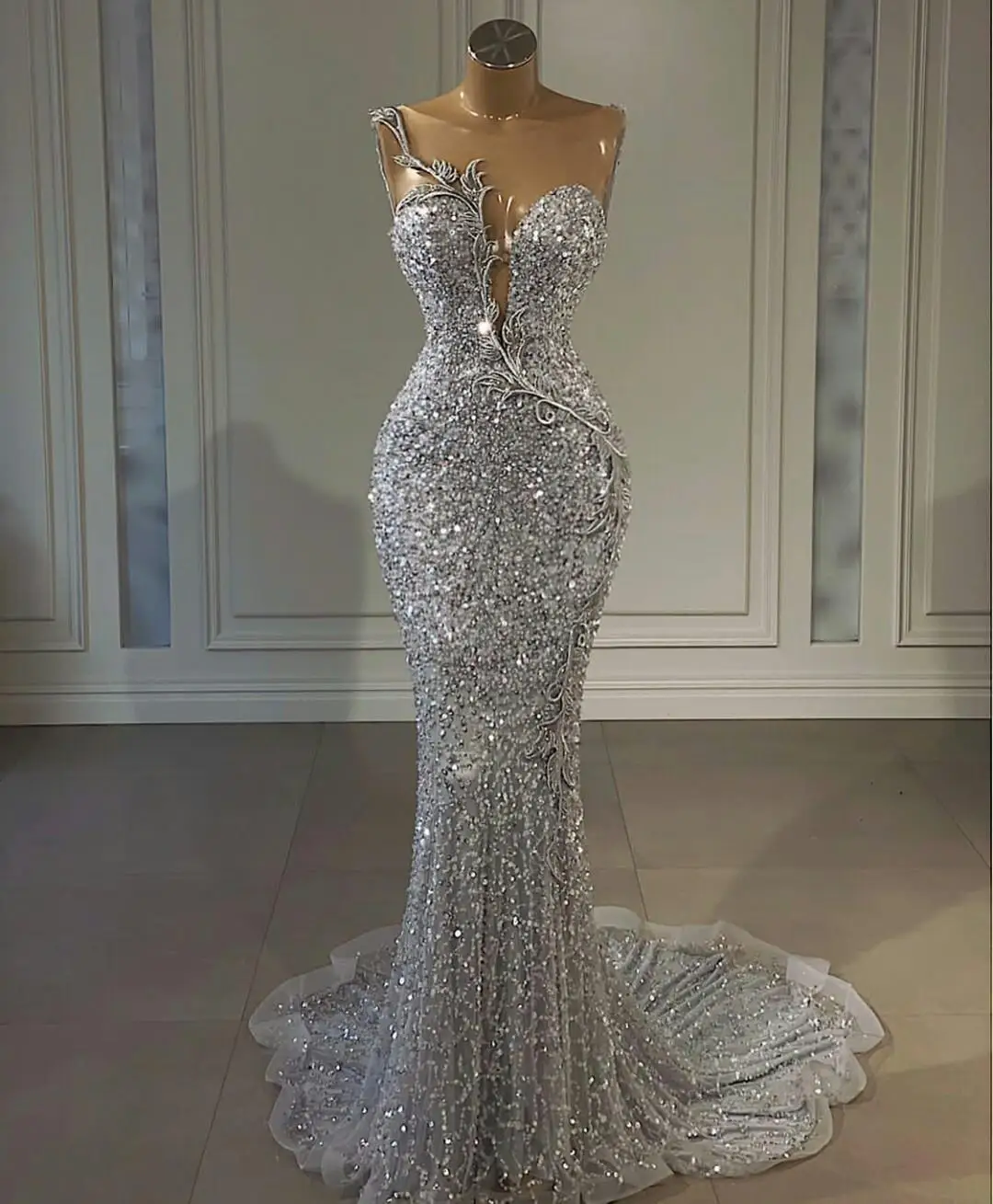 

Sequined Silver Mermaid Prom Dresses Aso Ebi Arabic Jewel Neck African Beaded Evening Gowns Plus Size Reception Second Dress