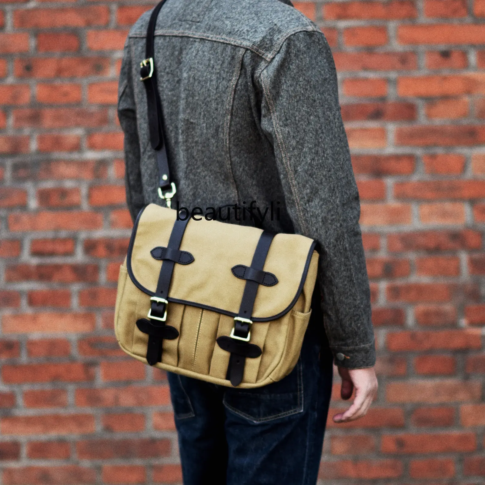 

yj American Style Oil Wax Canvas Matching Vegetable Tanning Leather Messenger Bag Retro Portable Shoulder Messenger Bag