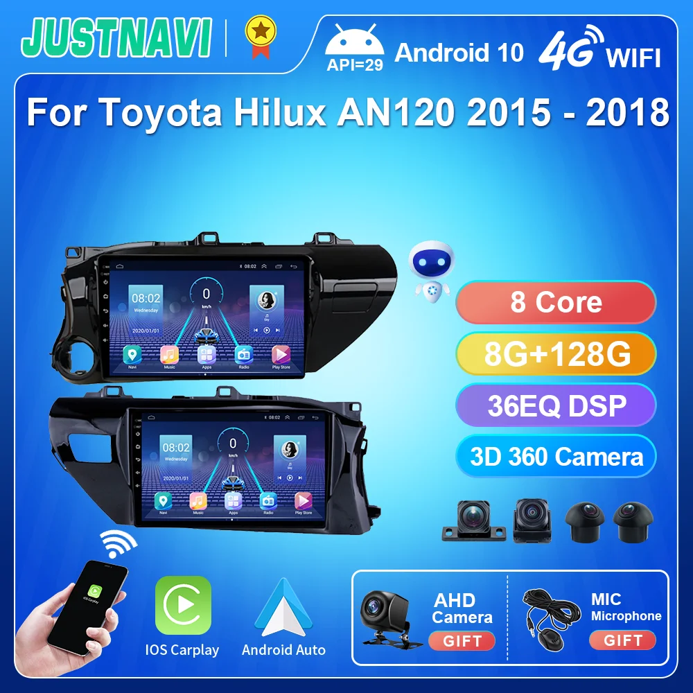 

JUSTNAVI Android 4G LTE 8+128G Car GPS Multimedia Radio Player 2din For Toyota Hilux AN120 2015 2016 2017 2018 Carplay SWC RDS