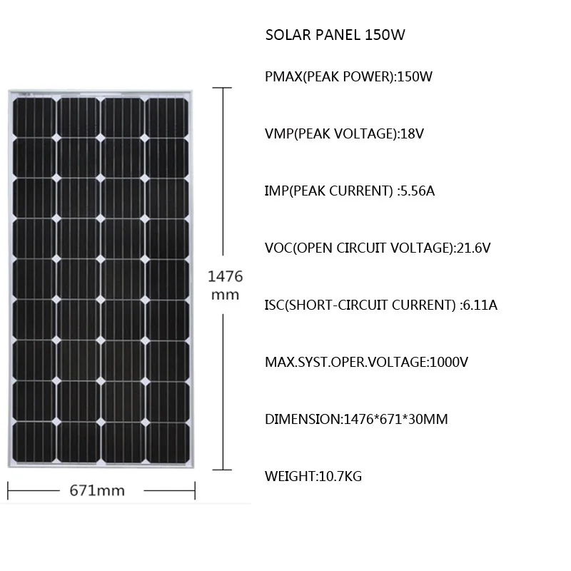 

Solar Panel 12V 150W 1500W 3KW Monocrystalline Solar Battery Charger Off Grid Car Caravan Camping Boat Yacht Motorhomes RV Farm