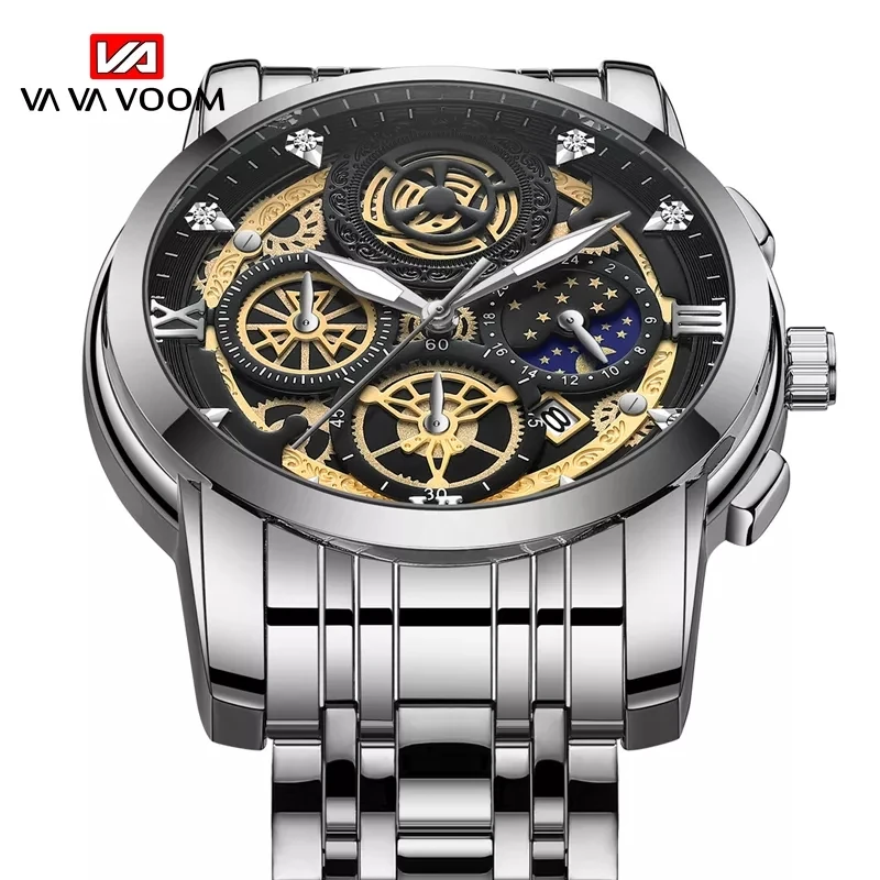 

Fashion Men Watch Quartz Movement Automatic Calendar Stainless Steel Luxury Rhinestone Waterproof Elite For Relogio Masculino