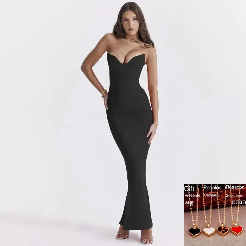 

2024 Sexy Slim Bodycon Elegant Mermaid Dress Women Black Strapless Summer Nightclub Solid Party Dress Long Maxi Dresses Fishbone