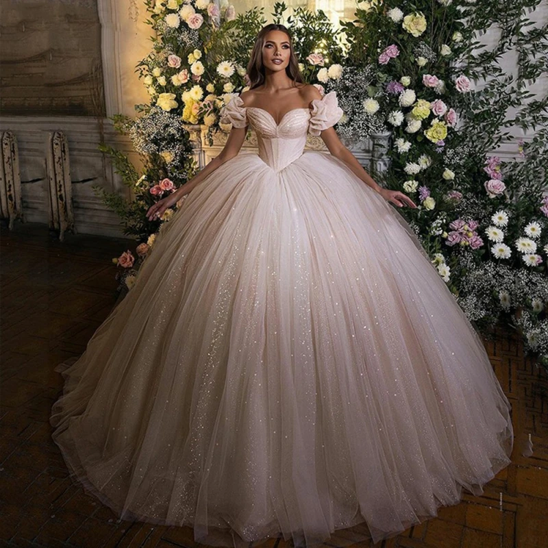 Off The Shoulder Sweetheart Neck Short Sleeve Zipper Up Back Shiny Princess Ball Gown Wedding Dresses Vestidos De Novia
Off The Shoulder Sweetheart Neck Short Sleeve Zipper Up Back Shiny Princess Ball Gown Wedding Dresses Vestidos De Novia