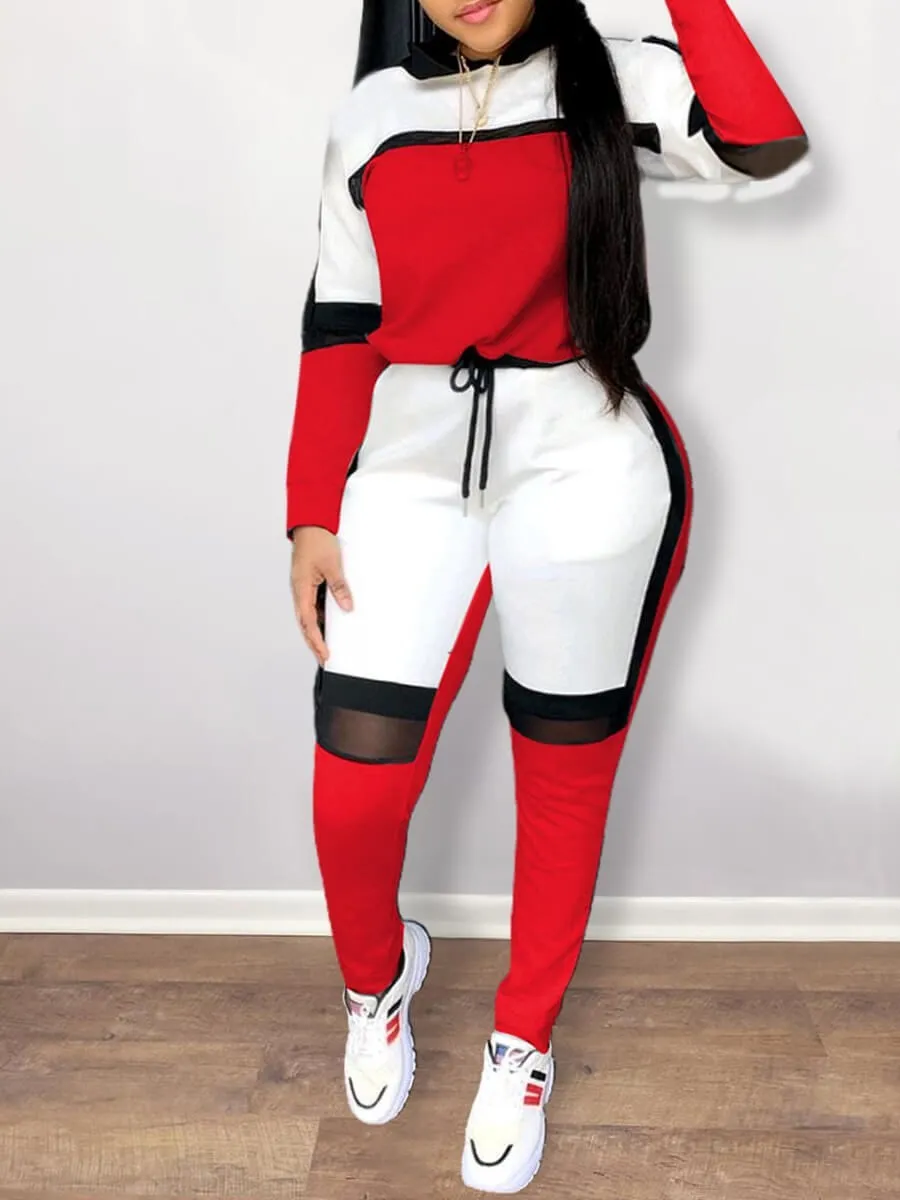 

LW Plus Size Spring Outfits Women Two Piece Color-lump Long Sleeve O-neck Collar Tracksuit Pants Set Patchwork Sporty suit