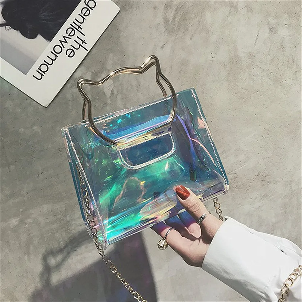 2023 Women PVC Laser Jelly Color Handbag Cat Head Handle Metal Chain Shoulder Strap Crossbody Bag Tote Bags Ladies Shopping Bags
2023 Women PVC Laser Jelly Color Handbag Cat Head Handle Metal Chain Shoulder Strap Crossbody Bag Tote Bags Ladies Shopping Bags