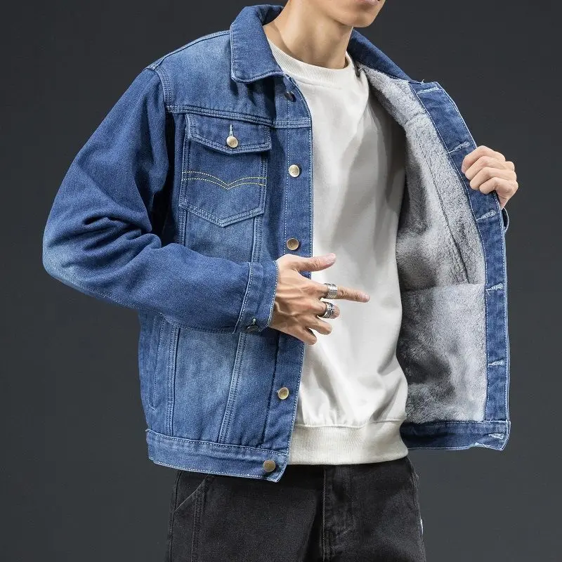 

Мужская джинсовая куртка на пуговицах, синяя шерстяная куртка с подкладкой из овечьей шерсти, верхняя одежда в Корейском стиле, Y2k
