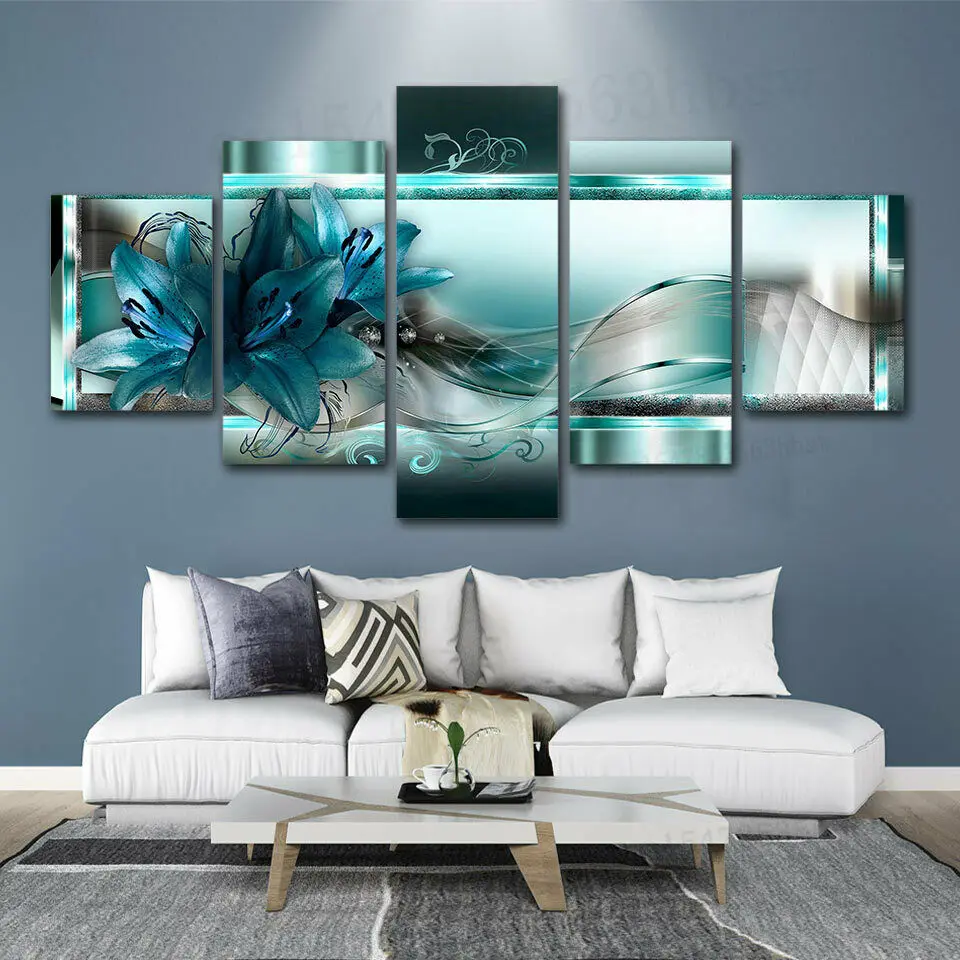 

5 Panel Blue Lily Flower Abstract Canvas Picture Wall Art HD Print Decor Pictures No Framed 5 Piece Room Decor Poster