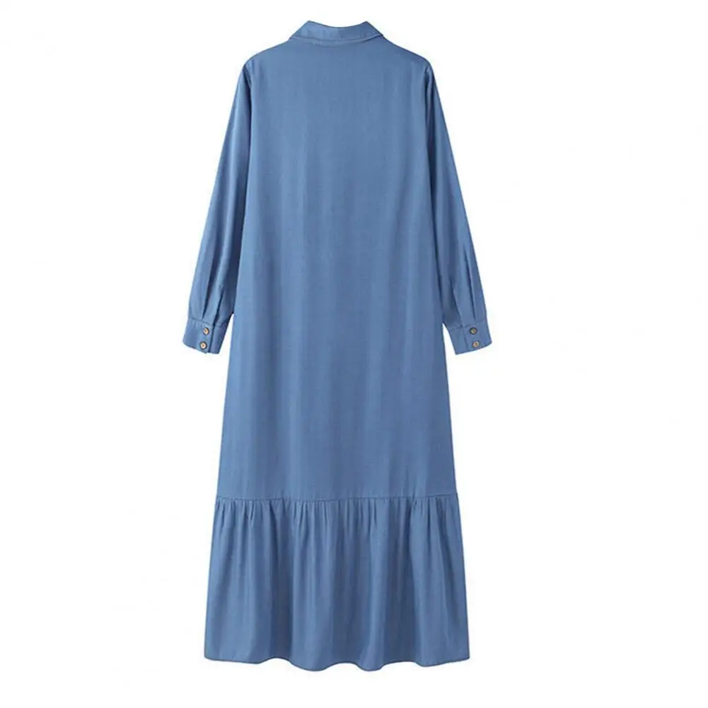 Lapel Long Sleeve Dress Elegant Denim Maxi Dress with Ruffle Patchwork Flowy Hem for Women Stylish Single-breasted for Spring
Lapel Long Sleeve Dress Elegant Denim Maxi Dress with Ruffle Patchwork Flowy Hem for Women Stylish Single-breasted for Spring