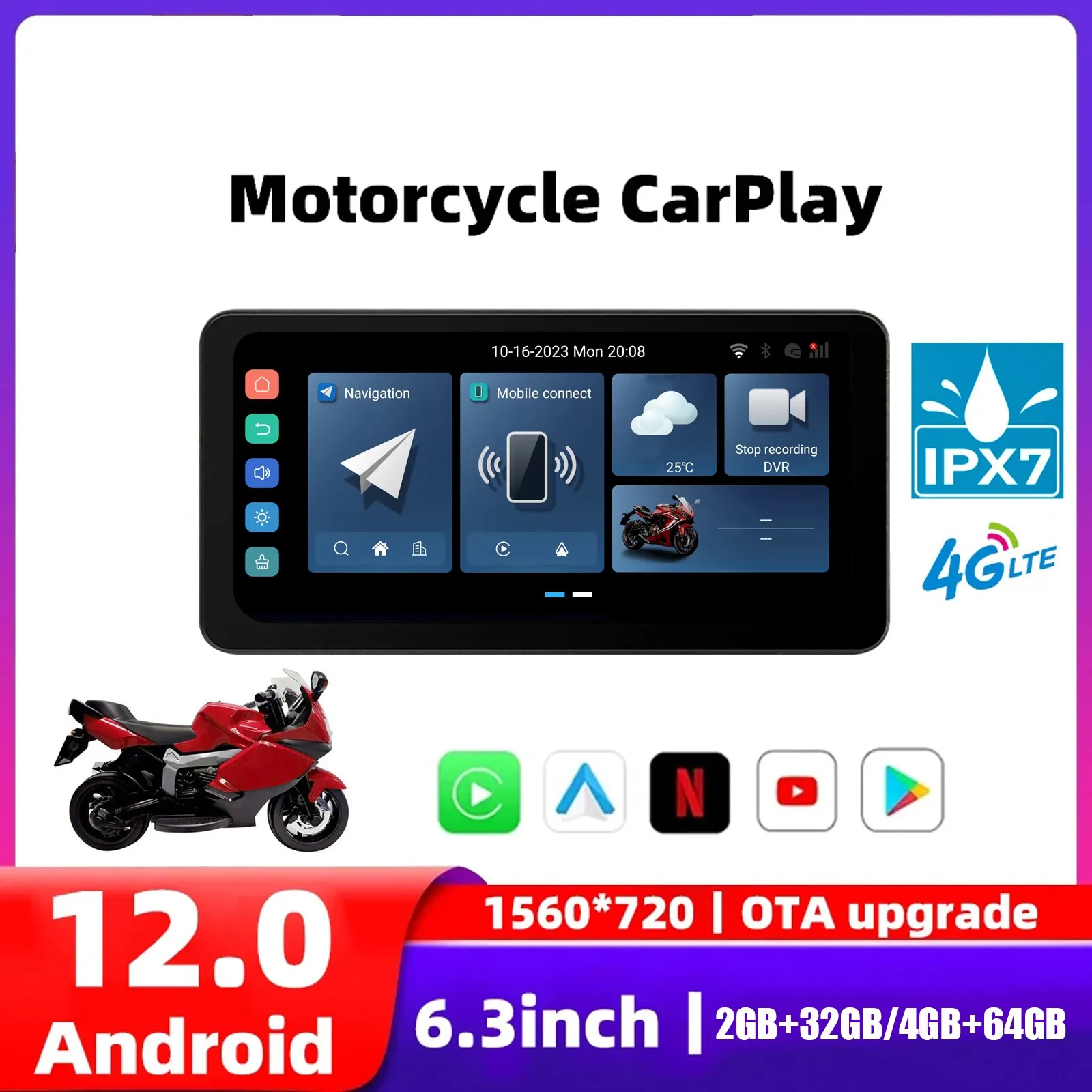 

6.3 Inch Motorcycle Navigator With Bulit-in GPS Android 12.0 2+32G/6+64G Memory Dual Bluetooth Wireless Carplay Android Auto