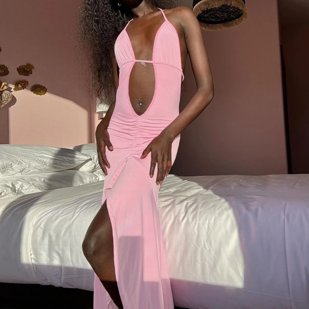 

2024 сексуальные розовые платья с лямкой на шее и глубоким V-образным вырезом, женское платье с открытой спиной и шнуровкой, женские летние плиссированные платья без рукавов с разрезом, платья