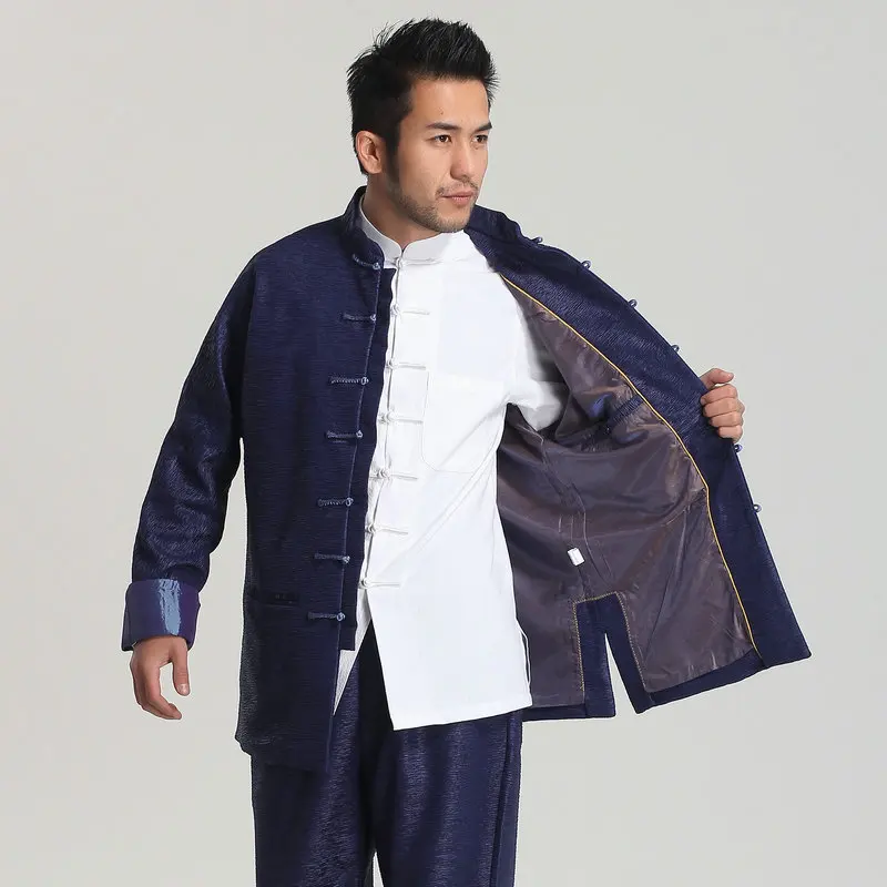 

Men Tangzhuang Coat Blue Black Coffee Mandarin Collar Tunic Jackets Oriental Refinement Hanfu Design Outfits Kungfu Style Look