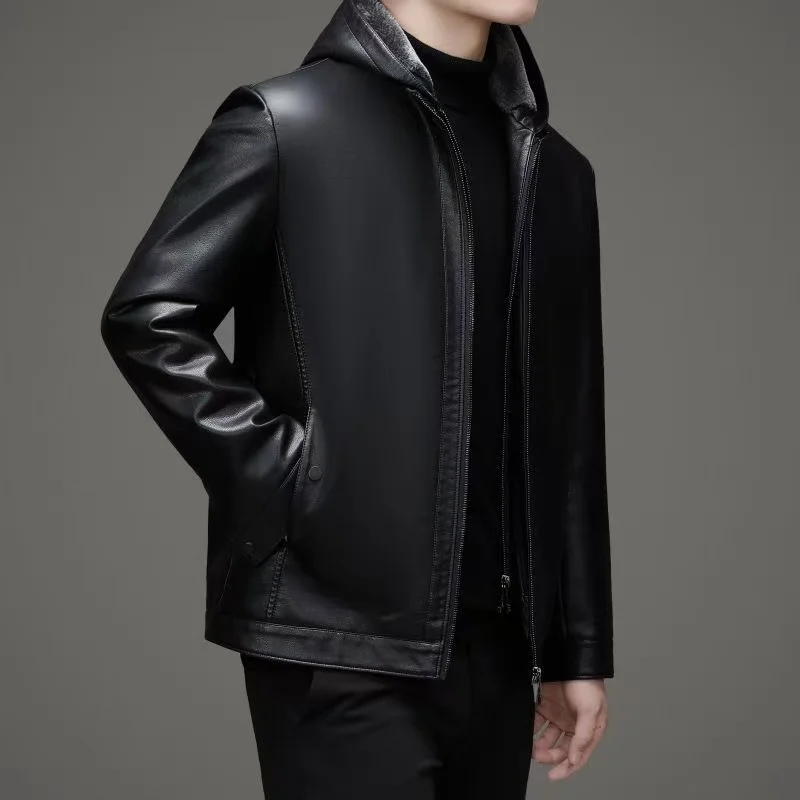 سترة شتوية من الجلد الطبيعي الراقية مع سترة جلدية بغطاء للرأس من الفرو وسترة فرو سميكة للرجال سترة شتوية من الجلد الطبيعي الراقية مع سترة جلدية بغطاء للرأس من الفرو وسترة فرو سميكة للرجال