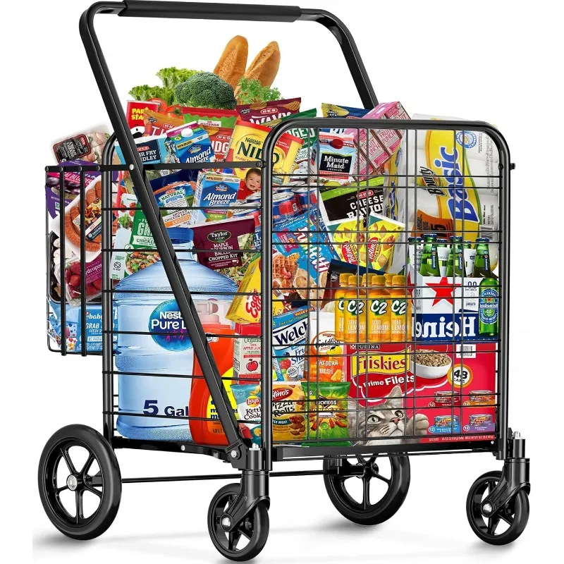 

Shopping Cart，Jumbo 460 lbs Capacity Grocery Cart Heavy Duty Utility Cart w/Upgraded 360° Rolling Swivel Wheels & Double Basket