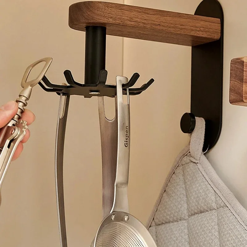

Creative Kitchen Hooks Rotating Storage Rack Multifunctional Spoon Spatula Shelf Black Walnut Shelving No Punch Wall Hanger