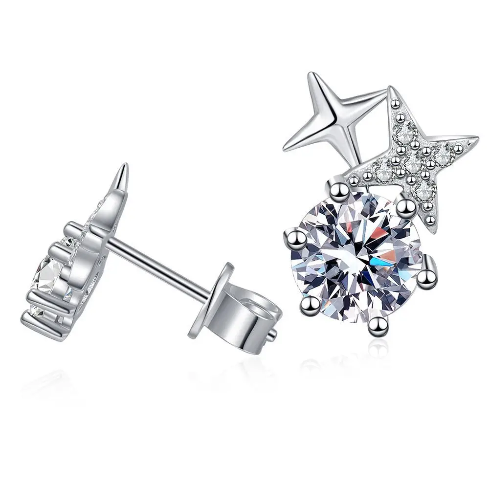 

New Fashion s925 Sterling Silver Platinum PT950 Simple Six-claw Eight-pointed Star 1 carat D color Moissanite Earring For Women