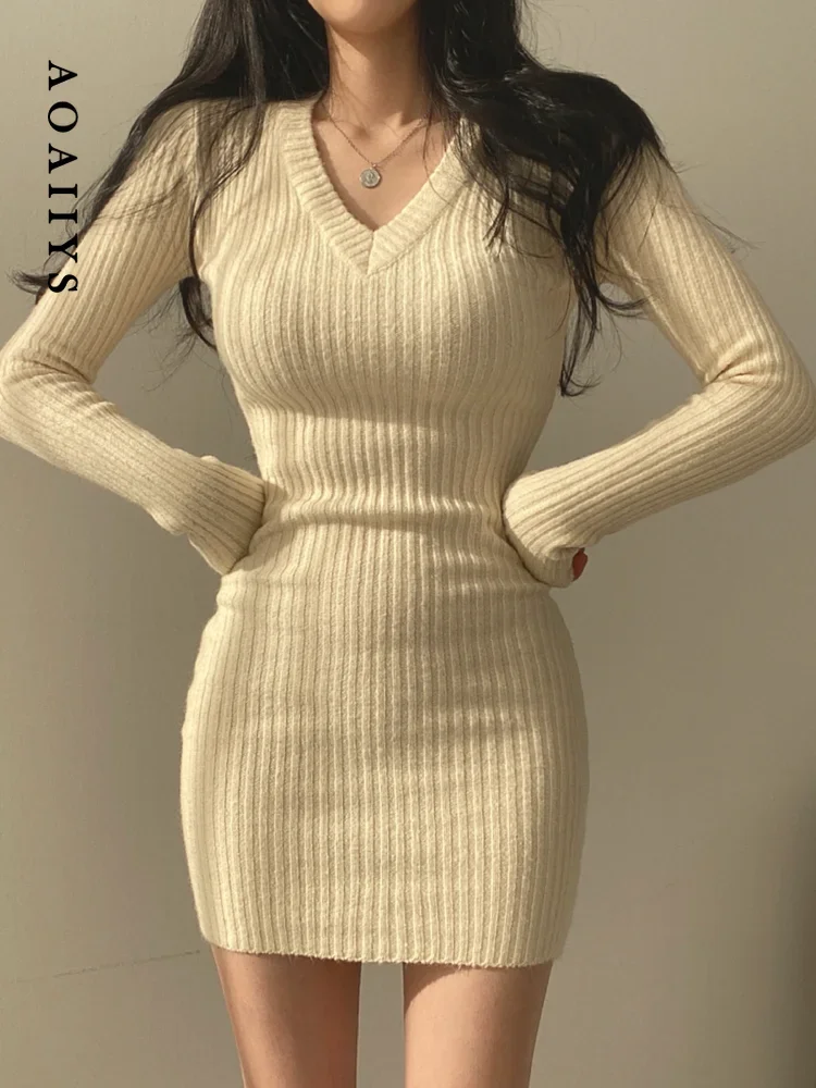 

Aoaiiys Mini Dress for Women Dresses 2023 Spring Autumn Stretch Slim Knitted High Waisted V-Neck Dress Above Knee, Mini Dresses