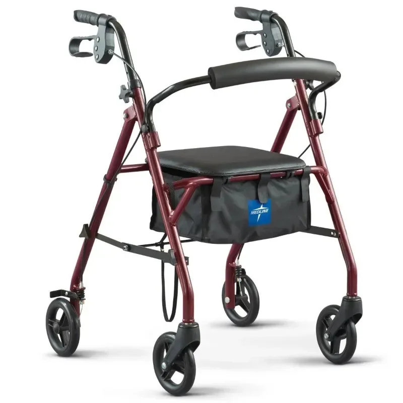 

Steel Rollator Walker, Folding Rolling Walker, 6" Wheels, 350lb Weight Capacity, Burgundy Red Frame