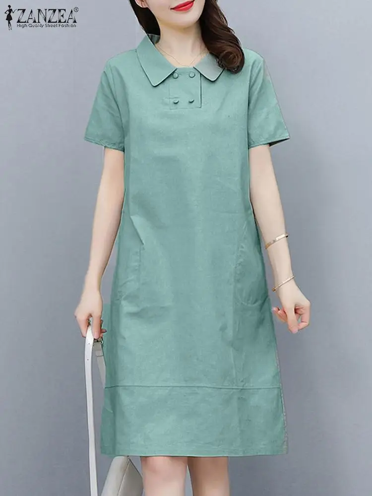 

ZANZEA Summer Fashion Short Sleeve Dress Women Sundress Office OL Vestidos Casual Party Knee Length Robe Femme Lapel Neck Kaftan