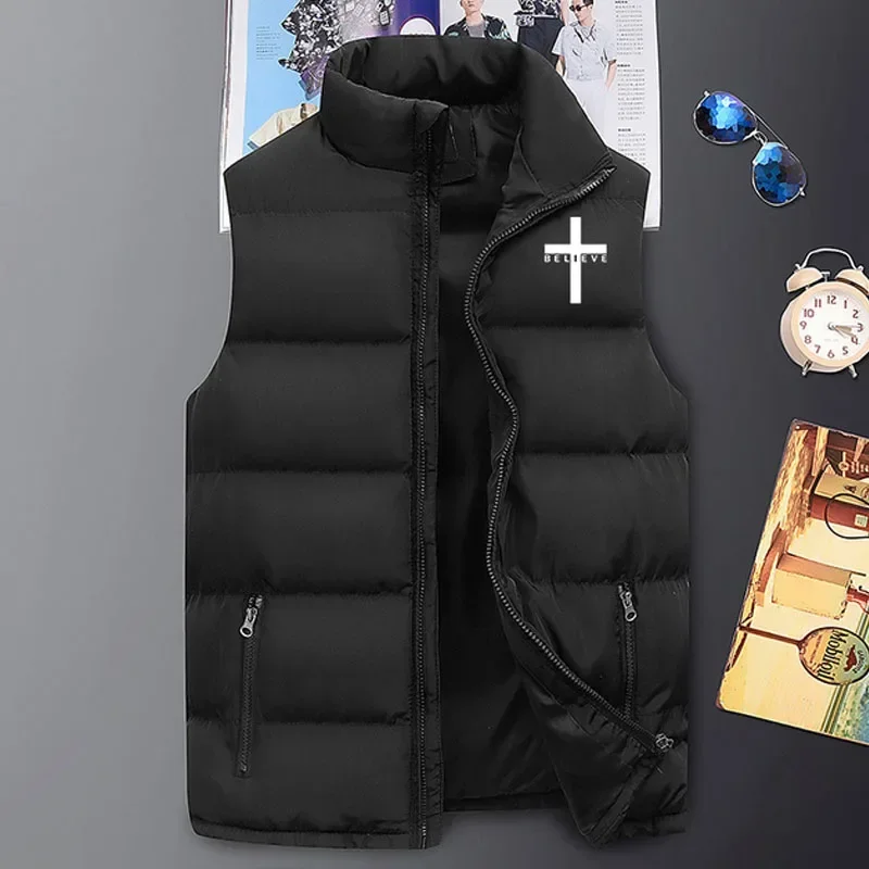 

Men's Waistcoat I Believe Printed Zipper Sleeveless Jacket Autumn Winter Thick Stand Collar Vest Fashion Streetwear Veste Homme