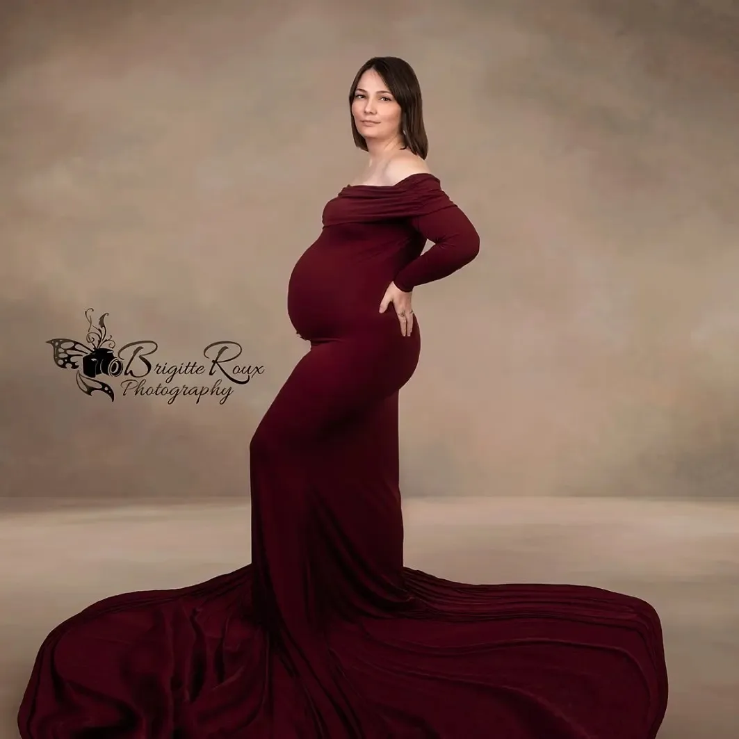 

Бордовые вечерние платья для беременных женщин с открытыми плечами платье из спандекса для фотосессии Длинные рукава платья до пола для беременных