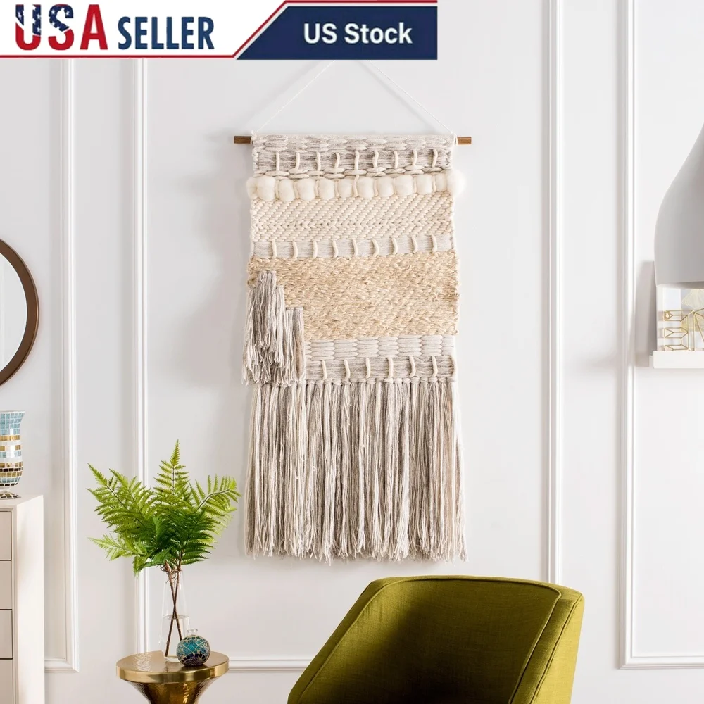 Handwoven Fringe Wall Tapestry - Contemporary Wool Cotton Art Decor 24x28" 1 S89e274c8bbc5425183617b2c8a6f6fadX