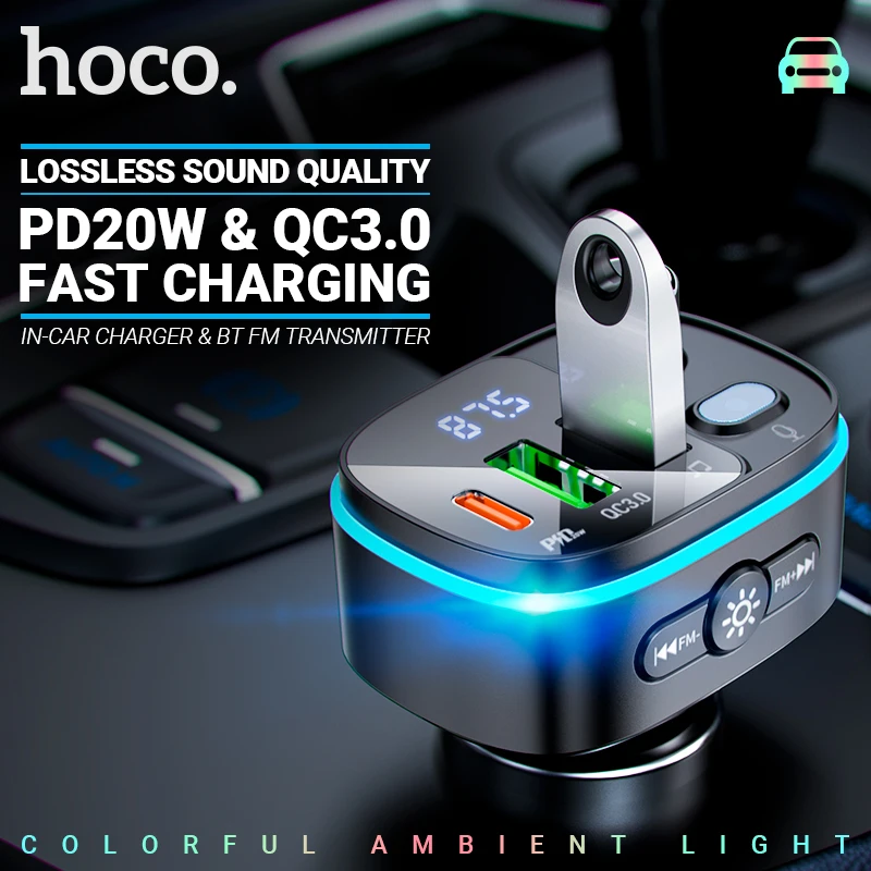 

hoco car charger wireless FM transmitter USB QC 18W Type-C PD 20W USB-C handsfree radio audio music adapter receiver LED backlit