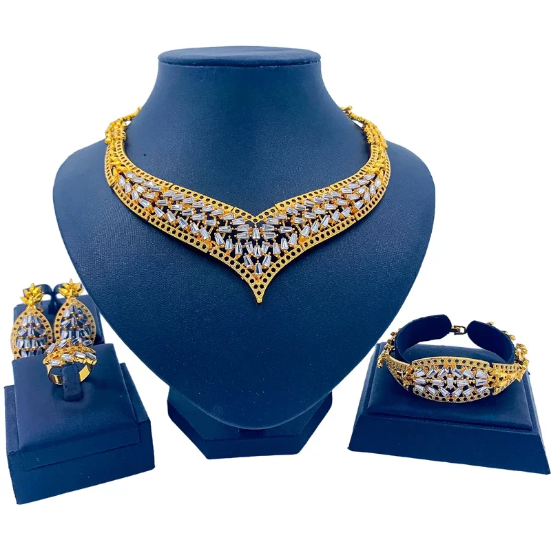 

Dubai Fashion Jewelry Sets Gold 24k Gold Plated Crystal Necklace Bracelet Earrings Ring for Women's Wedding Gift