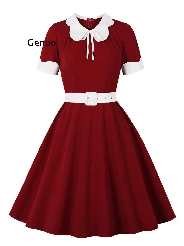 

Burgundy Contrast Collar and Cuff Elegant 50s Vintage Dresses for Women Short Sleeve Belted A-Line Summer Dress