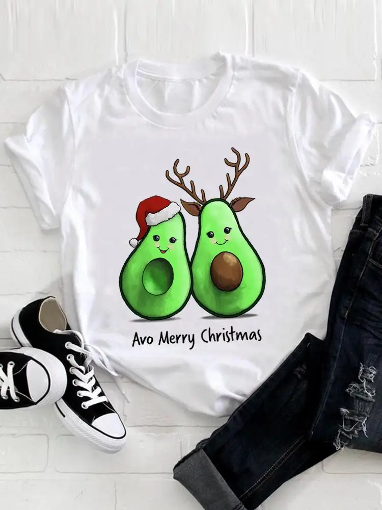 

Счастливого Рождества, модные женские футболки с графическим принтом авокадо, трендовая одежда с мультяшным принтом, новогодний топ с коротким рукавом, футболка