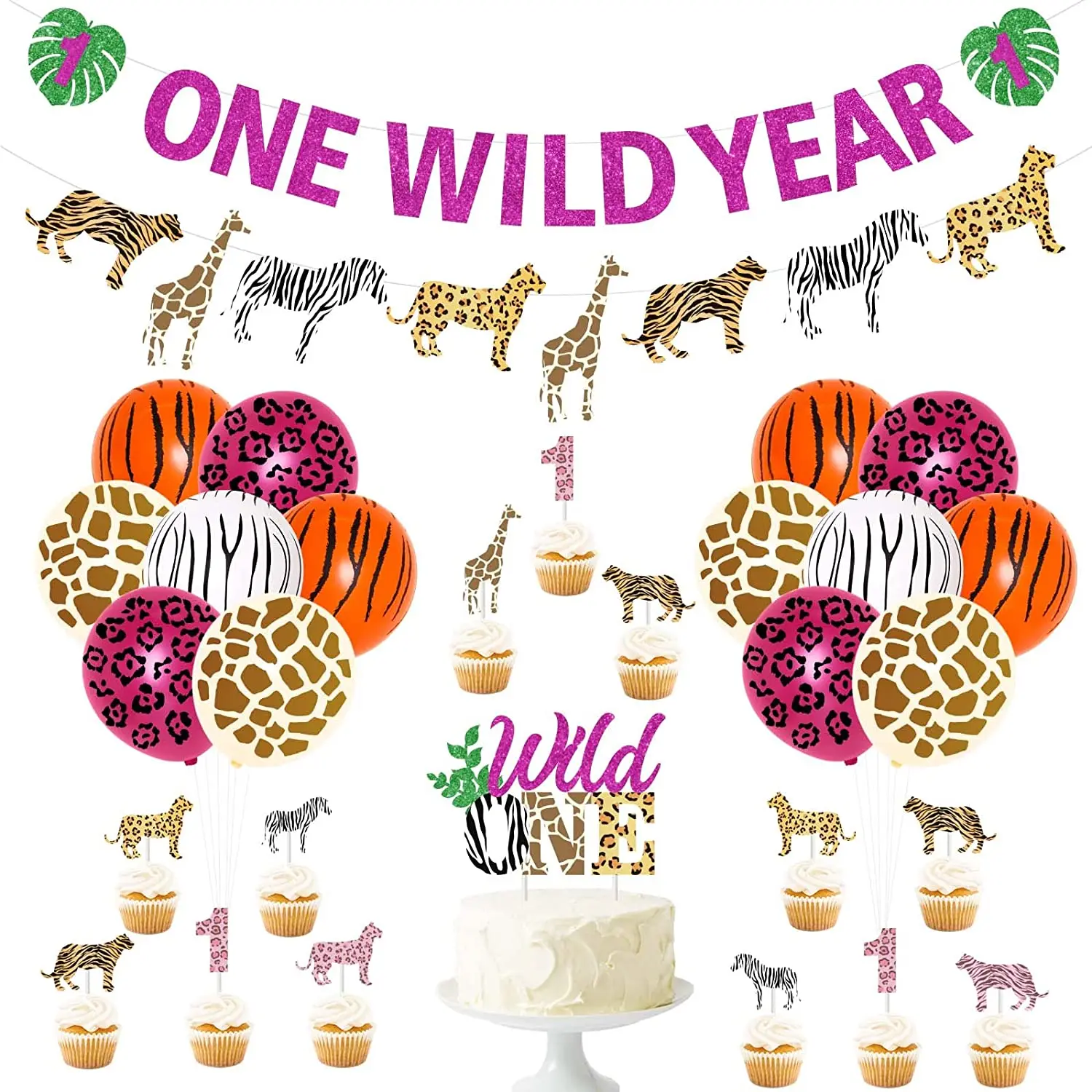 

Wild One Birthday Decorations Girl Jungle Safari 1st Birthday Party Supplies One Wild Year Banner Cheetah Balloons Cake Toppers