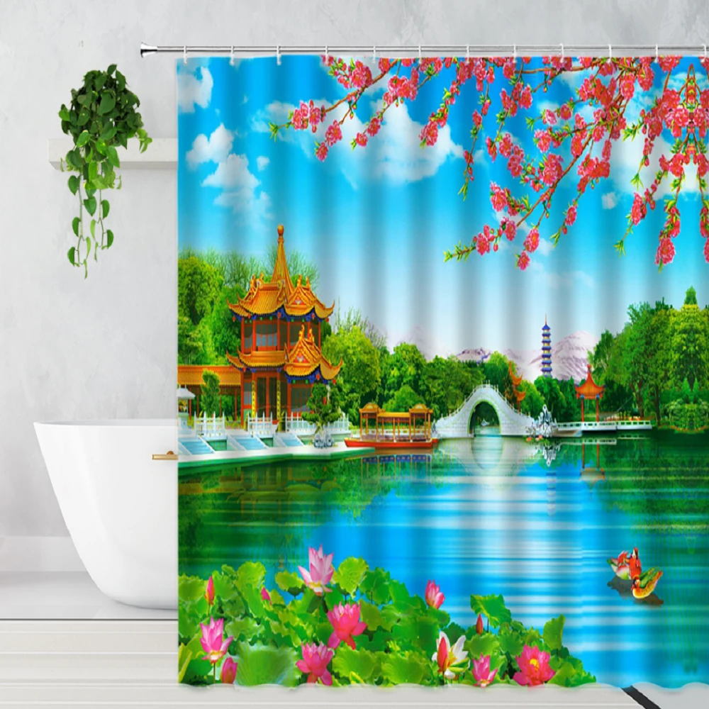 

Natural Park lake Scenery Shower Curtain Grass Green Plants Red Flower Spring Garden Scape Bathroom Decor With Hooks Bath Screen