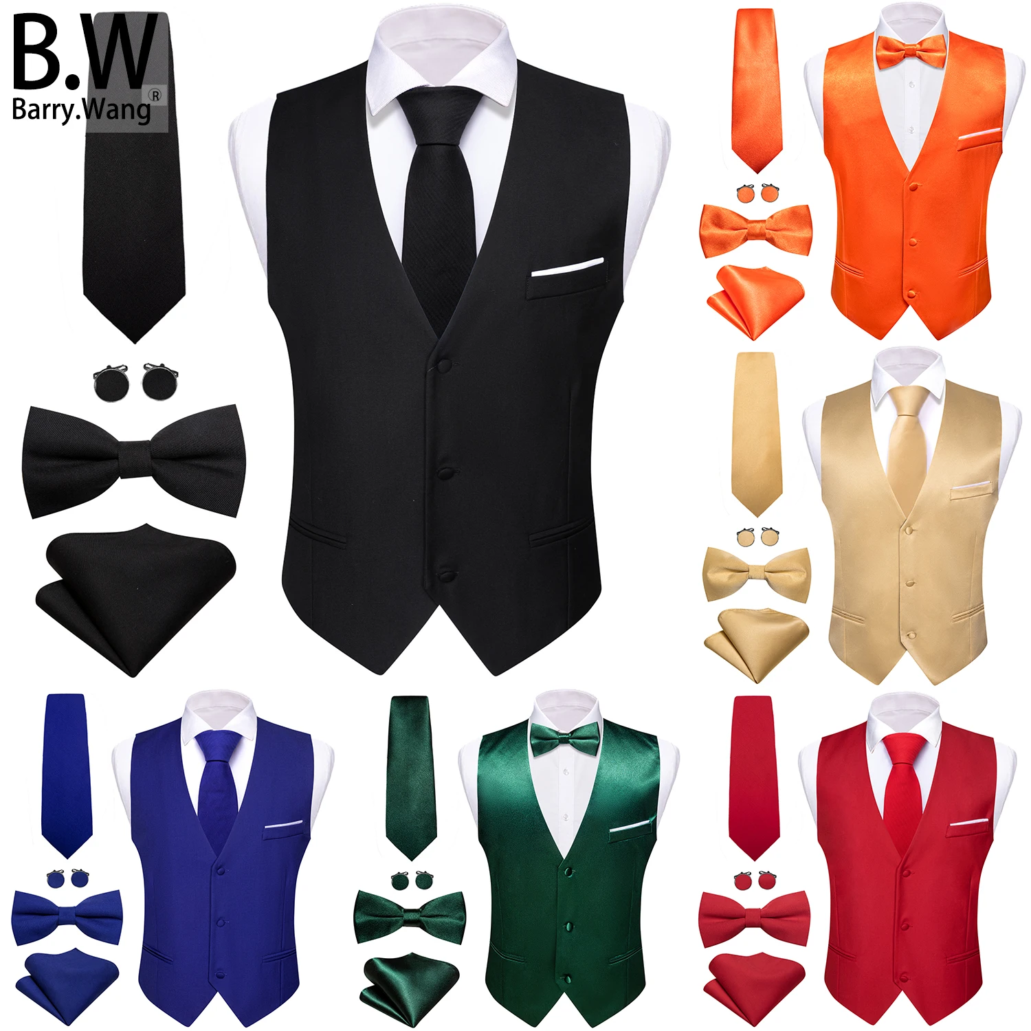

Barry.Wang Stylish Silk Men Vest Tie Bowtie Hanky Cufflinks Set 3 Button Waistcoat Sleeveless Jacket Male Wedding Business Party