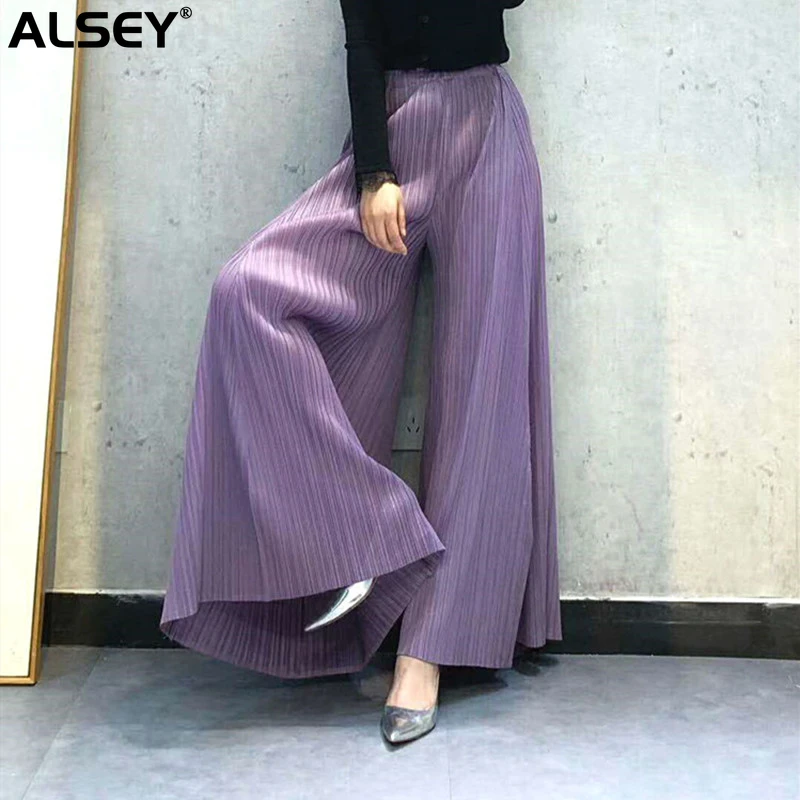 

ALSEY Miyake Pleated Wide Leg Fashion Elastic Waist Harem Pants Solid Color Draped Straight Casual Long Women's Pants 2024 New