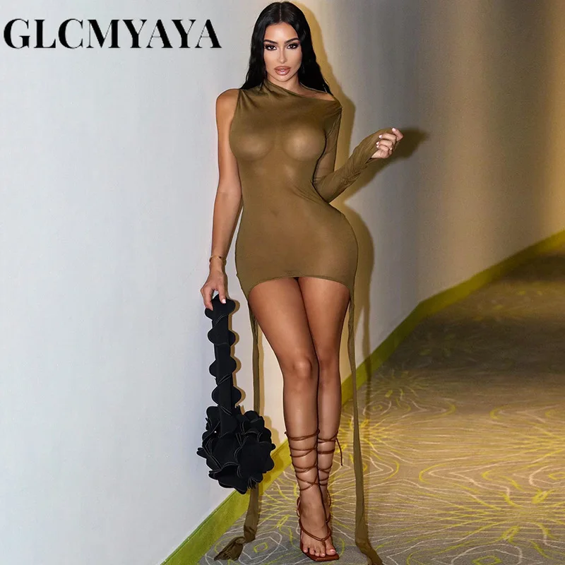 

GLCMYAYA Women Fashion Diagonal Collar One-shoulder Long Sleeve Bodycon Dress 2023 INS Mesh See Solid Streamer Sexy Dresses