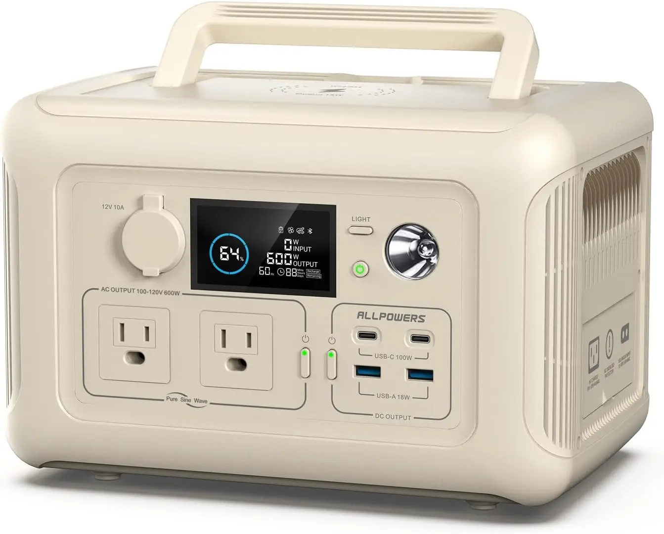 

R600 BEIGE 299Wh 600W Portable Power Station, Battery Backup with UPS Function, 1 Hour to Full 400W Input, MPPT Solar Generator