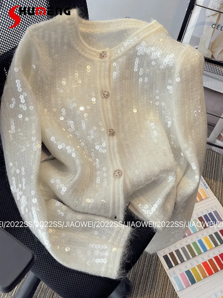 White Sequined Knitted Cardigan Coats Women 2023 Short Autumn Winter Feminine Elegant Long Sleeve Fashion Small Shirt Tops
White Sequined Knitted Cardigan Coats Women 2023 Short Autumn Winter Feminine Elegant Long Sleeve Fashion Small Shirt Tops