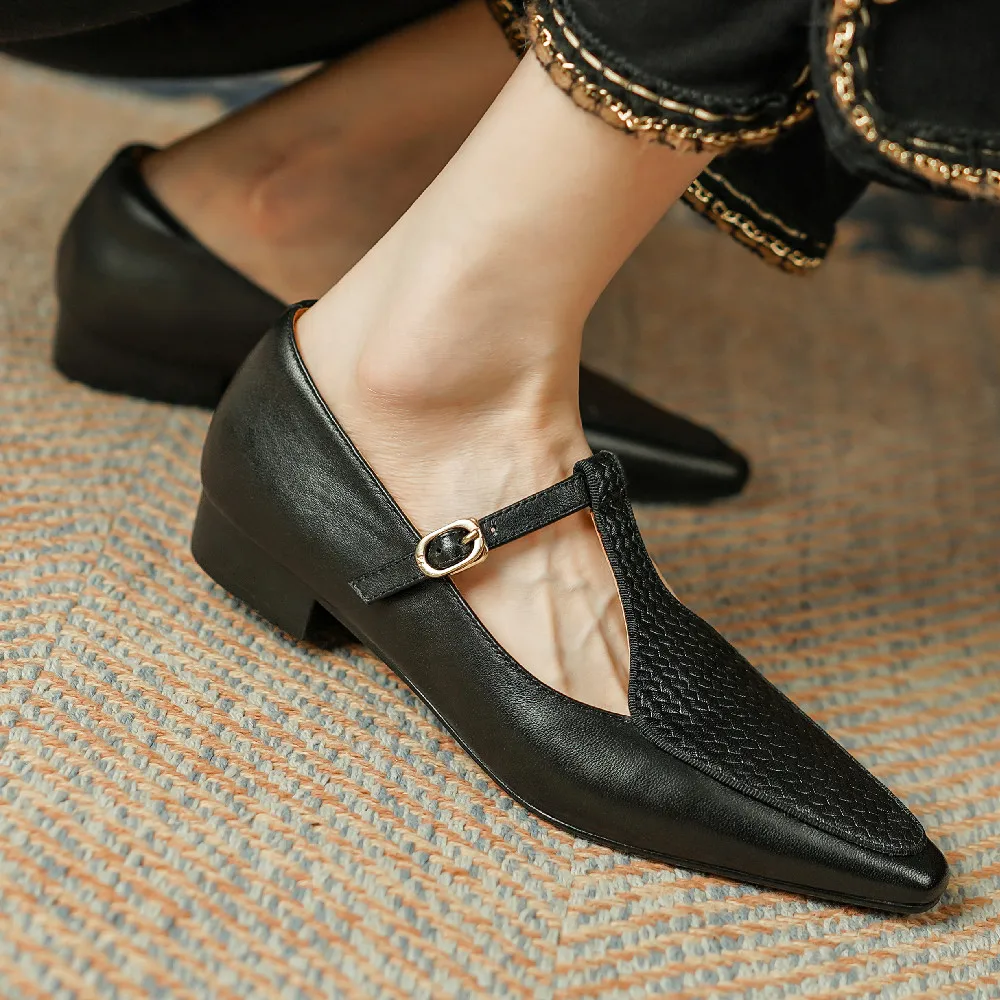 

Women's sheepskin t-strap flats loafers pointed toe casual female high quality soft comfortable espadrilles leisure moccasins