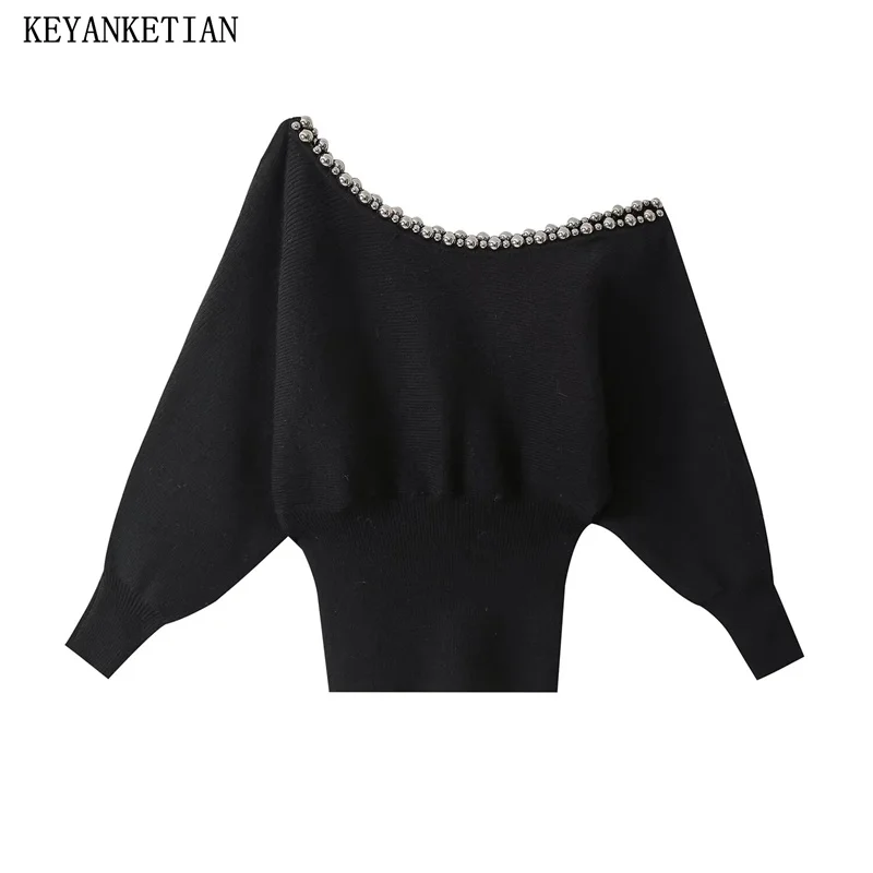 

KEYANKETIAN 2024 New Launch Women's Artificial Pearl Embellished Short Knitwear Elegant Sloping Neck Off-Shoulder Sweater Top