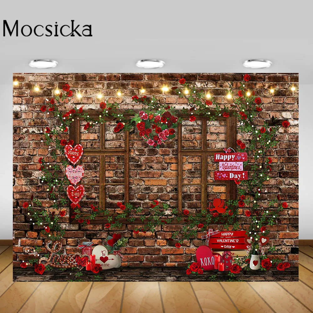 

Mocsicka Happy Valentine's Day Photography Backdrop Brick Wall Red Rose Love Wedding Portrait Photo Background Studio Photoshoot