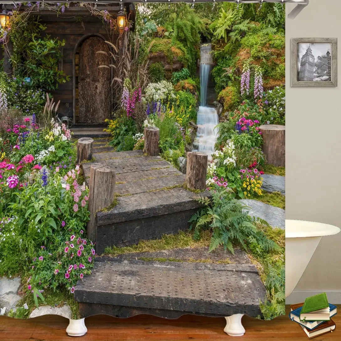 

Садовая занавеска для душа, водонепроницаемая штора из ткани с рисунком сельского ландшафта, с цветами, 12 крючками, для ванной комнаты