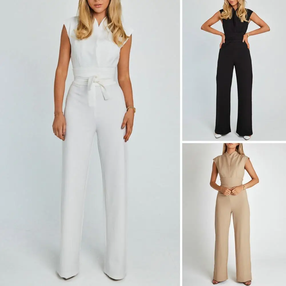 

Women Jumpsuit Elegant V-neck Jumpsuit with Belt Wide Leg Office Lady Romper Chic Summer Workwear for Women Belted Jumpsuit