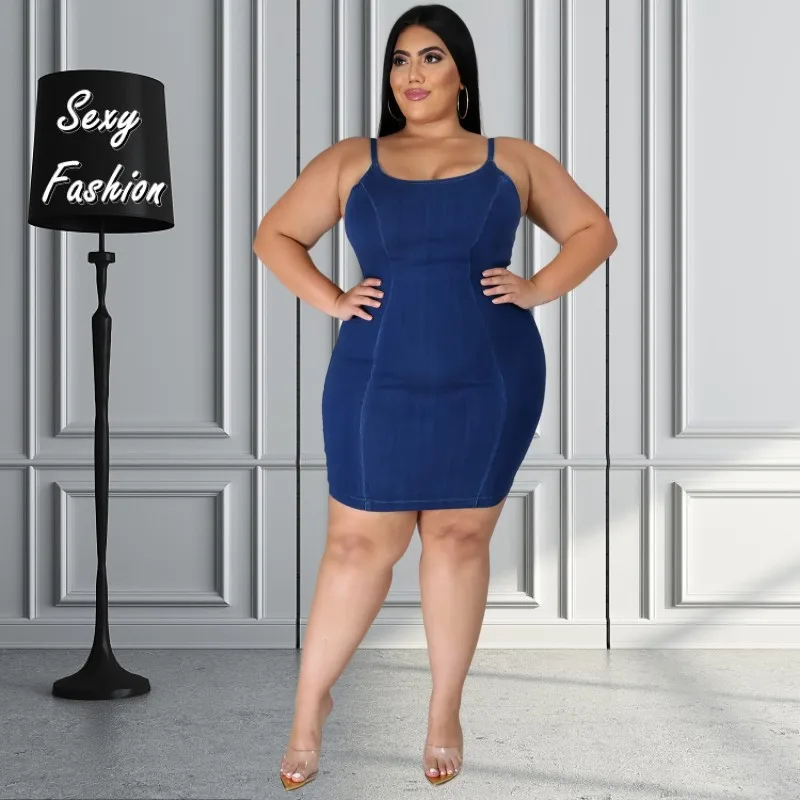 

XL-5XL Plus Size Dresses Women Clothing Summer Halter Backless Sleeveless Blue Demin Casual Sexy Bodycon Mini Dress Dropshipping