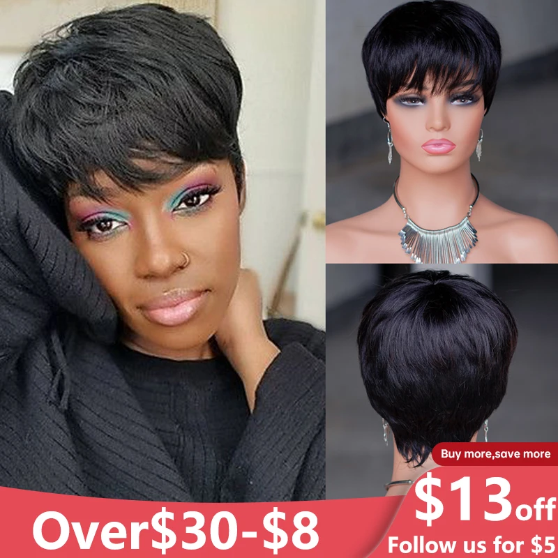 

Straight Pixie Cut Bob Wig Black Remy Human Hair for Black Women Afro Full Machine Made Wigs with Bangs Short Bob Layered Hair