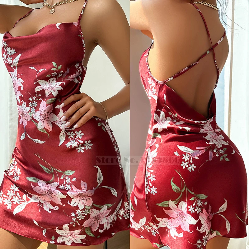 

New Summer Female Nightgown Burgundy Print Flower Suspender Nightdress Chemise Sleepwear Sexy Satin Mini Home Dressing Gown